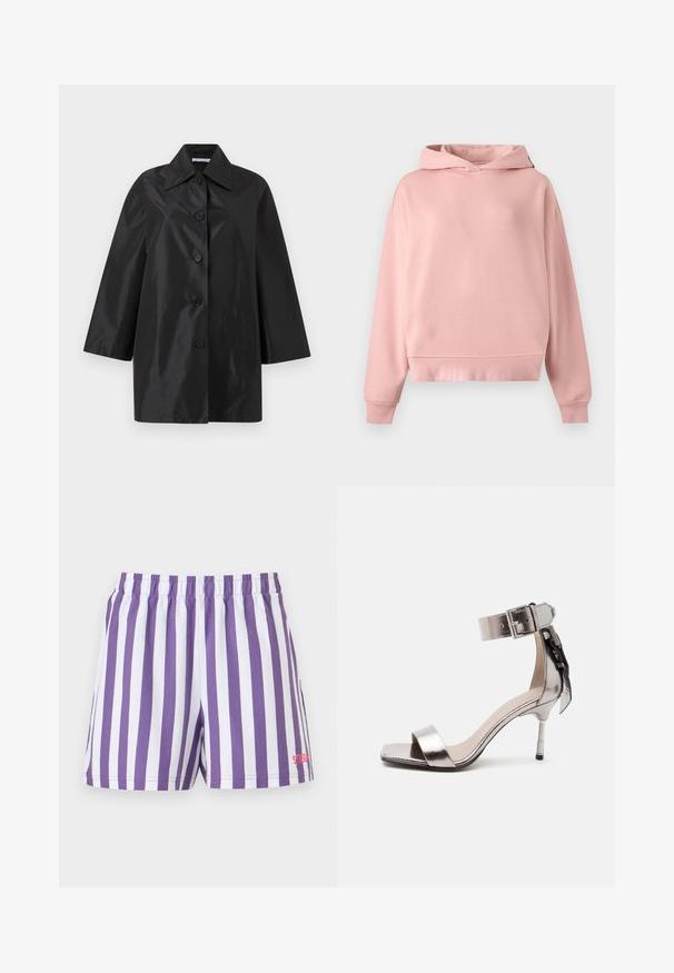 Manteau noir mi-long avec large col, cinq boutons sur le devant et manches longues, présenté sur un fond blanc uni.; Sweat à capuche rose doux à manches longues, sans poche avant, avec poignets et ourlet côtelés, posé à plat sur un fond gris clair.; Shorts à rayures verticales violet et blanc avec taille élastique et petit logo rouge en bas de la jambe droite.; Sandale à talon ouvert en argent métallisé avec bride à la cheville et boucle, ornée d'un nœud décoratif à l'arrière.