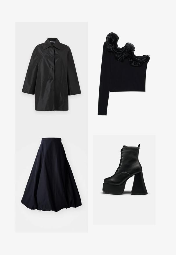 Manteau noir mi-long avec large col, cinq boutons sur le devant et manches longues, présenté sur un fond blanc uni.; Top noir à une épaule avec un overlay transparent froncé le long de l'encolure, fabriqué à partir d'un tissu léger à la texture lisse.; By Malene Birger AUBREY - Jupe longue - black; Bottine à plateforme noire avec laçage à l'avant et large talon bloc, texture cuir lisse et languette à l'arrière.