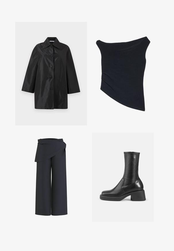 Sort mellemlang frakke med bred krave, fem knapper foran og lange ærmer, vist mod en ensfarvet hvid baggrund.; Sort, off-shoulder top med en tætsiddende design, asymmetrisk kant og blød, glat tekstur. Den har samlet stof ved halsudskæringen.; Sorte bukser med vide ben, høj talje og et stofdetalje med bindebånd øverst.; Sort læder ankelstøvle med en glat overflade, firkantet tå og en kraftig blokhæl. Har sidesyninger og en subtil metallisk detalje.