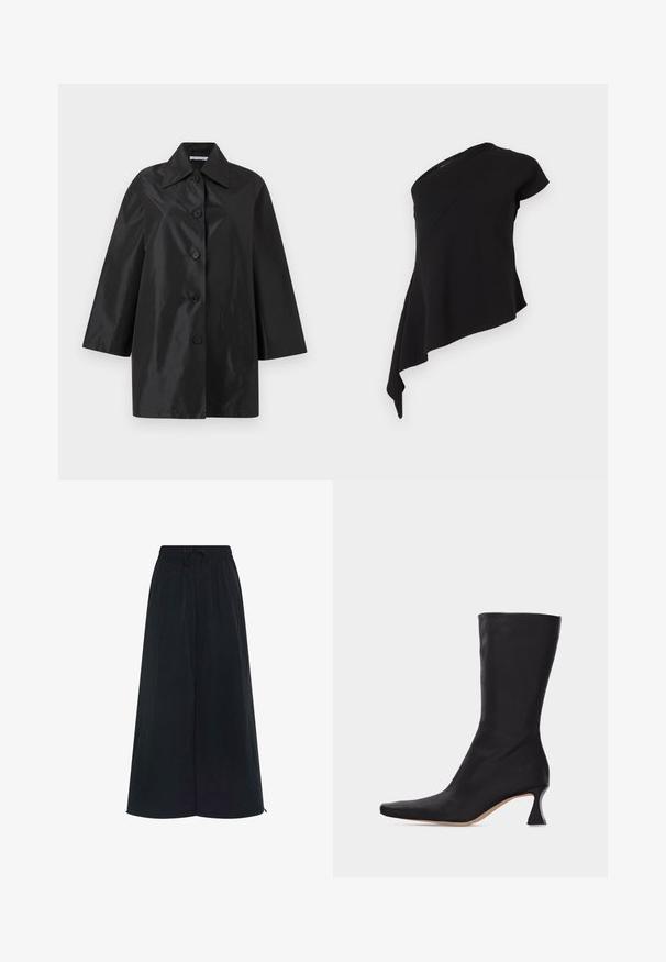 Must musta keskpikk mantel laia kraega, viie eesmiselt kinnitatava nupu ja pikkade varrukatega, esitletud ilma taustata valgel taustal.; Must mustriga topp, millel on üks lühike varrukas ja voolav drapeeritud äär ühel küljel, valge tausta taustal.; Mustad laiad püksid elastse vöökoht ja reguleeritava nööriga. Valmistatud kerge kangaga, millel on sile tekstuur. Ilma nähtavate mustriteta.; Mustad nahast keskvarba saabas terava varba ja kõvera madala kontsaga, taustal hele ühevärviline pind.