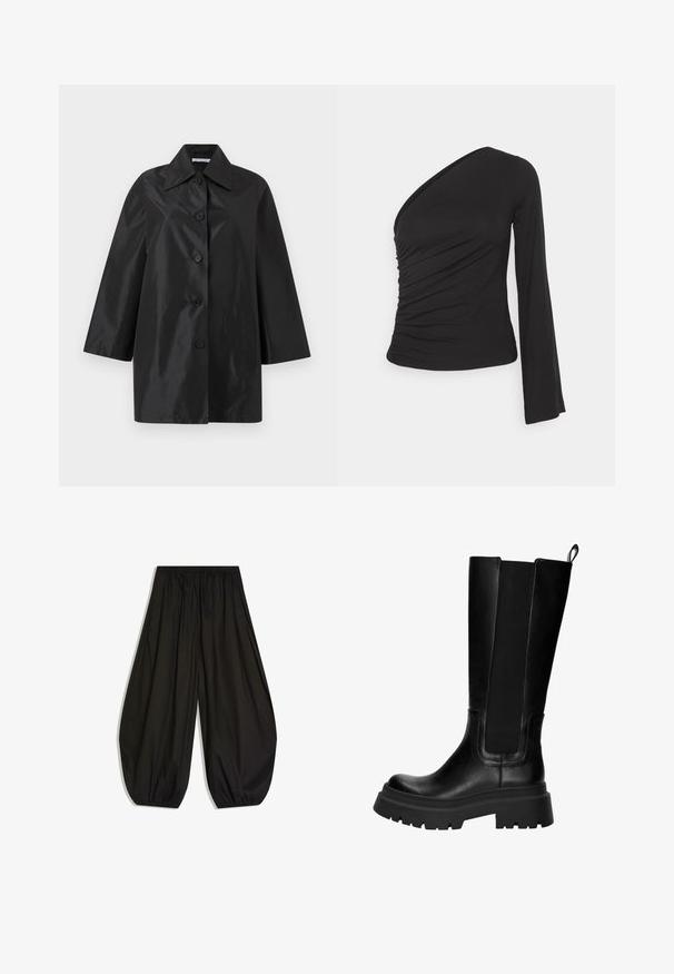 Manteau noir mi-long avec large col, cinq boutons sur le devant et manches longues, présenté sur un fond blanc uni.; Haut asymétrique à manches longues en noir, avec un côté froncé pour une texture et une silhouette ajustée. Fabriqué en matériau doux et extensible.; Pantalon noir ample avec taille élastiquée froncée et bas élastiqués, créant une silhouette ballon.; Bottes en cuir noir hautes jusqu'aux genoux avec panneaux latéraux élastiques, semelle en caoutchouc robuste et un talon épais. Texture lisse avec des détails de couture minimaux.