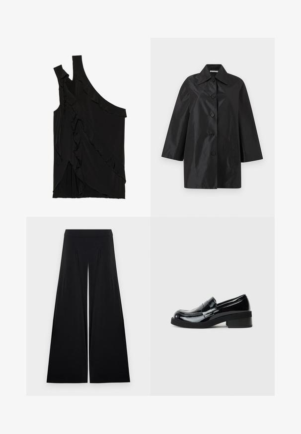 Manteau noir mi-long avec large col, cinq boutons sur le devant et manches longues, présenté sur un fond blanc uni.; Haut asymétrique noir en tissu doux avec des volants sur le côté et une seule bretelle. Texture lisse avec des éléments de design drapés.; Pantalon noir taille haute à jambes larges avec des plis subtils à l'avant, en tissu doux et fluide, présenté sur un fond blanc.; Mocassins en cuir verni noir avec un bout rond, un petit talon carré et une finition lisse et brillante. Présente une sangle décorative à l'avant.