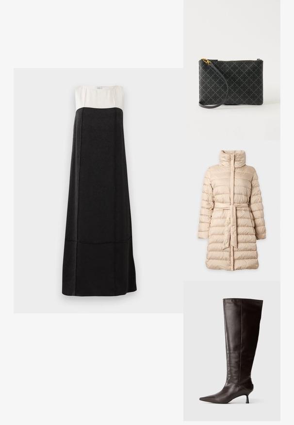 Manteau d’hiver matelassé beige mi-longue avec col montant, piqûres horizontales, manches longues et ceinture en tissu assortie à la taille.; Robe maxi avec une partie inférieure noire texturée et une partie supérieure lisse blanche. Présente un col rond et une silhouette droite.; Botte en cuir marron, hauteur genou, avec un bout pointu et un talon fin. Texture lisse et design élégant, arborant une silhouette minimaliste.; Pochette bracelet noire avec motif losanges gris, fermeture éclair dorée et bandoulière amovible sur fond clair uni.