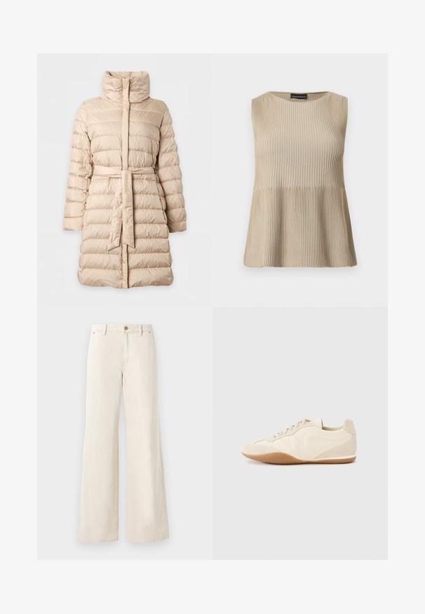 Beige gewatteerde winterjas tot op de knie met hoge kraag, horizontale doorgestikte lijnen, lange mouwen en een bijpassende stoffen riem in de taille.; Mouwloos beige geribd gebreid topje met ronde halslijn en uitlopende zoom, gepresenteerd tegen een witte achtergrond.; Beige wijde broek van katoen met een gladde textuur. Heeft een knoopsluiting, voorzakken en een klassiek taillebandontwerp.; Lichtbeige sneakers met een textuur van leer op het bovenwerk, getextureerde zijpanelen en een rubberen zool. Voorzien van een slank, gestroomlijnd ontwerp en platte veters.