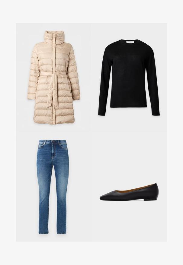 Manteau d’hiver matelassé beige mi-longue avec col montant, piqûres horizontales, manches longues et ceinture en tissu assortie à la taille.; Pull noir à manches longues col rond avec une petite étiquette blanche au niveau du col arrière, présenté sur un fond gris clair uni.; Jean bleu taille haute à coupe slim avec poches avant, passants pour ceinture, fermeture par bouton, et légère décoloration sur les cuisses et les genoux.; Chaussure plate en cuir noir à bout pointu avec talon bas et finition lisse, vue de côté sur un fond gris clair.