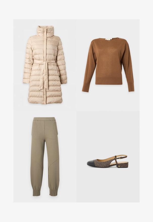 Beige gewatteerde winterjas tot op de knie met hoge kraag, horizontale doorgestikte lijnen, lange mouwen en een bijpassende stoffen riem in de taille.; Bruine trui met lange mouwen en ronde hals, met een eenvoudig, aansluitend ontwerp en geribbelde boorden en zoom, afgebeeld op een neutrale achtergrond.; Beige joggerbroek met elastische boorden, zijzakken en stikdetails op de knieën, weergegeven op een witte achtergrond.; Slingback schoen met een bruine gestreepte stoffen bovenkant en een zwarte leren neus. Heeft een kleine blokhak en een gespstrap.