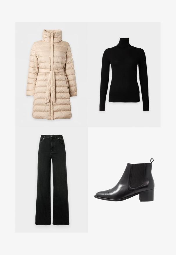 Manteau d’hiver matelassé beige mi-longue avec col montant, piqûres horizontales, manches longues et ceinture en tissu assortie à la taille.; Pull noir à côtes à manches longues avec col roulé et silhouette ajustée sur fond blanc uni.; Jean noir à jambes larges en denim. Taille haute avec fermeture à bouton et design à cinq poches. Texture lisse avec une décoloration minimale.; Botte de cheville en cuir noir avec des panneaux élastiques sur les côtés, bout rond et talon en bloc texturé. Dispose d'une languette en boucle à l'arrière pour un enfilage facile.