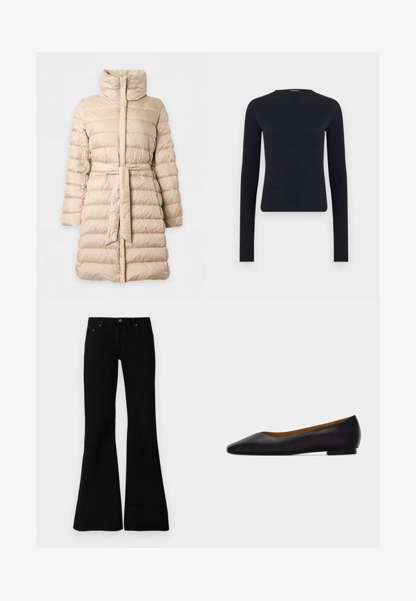 Beige gewatteerde winterjas tot op de knie met hoge kraag, horizontale doorgestikte lijnen, lange mouwen en een bijpassende stoffen riem in de taille.; Zwart, langemouwen, nauwsluitend crop top met ronde hals, gemaakt van geribbelde gebreide stof, getoond op een effen lichtgrijze achtergrond.; Zwarte flare jeans van denim, met een klassiek vijf-pocket ontwerp, knoopsluiting en subtiele stiksels langs de naden.; Zwarte leren puntschoen met lage hak en gladde afwerking, zijaanzicht op een lichtgrijze achtergrond.