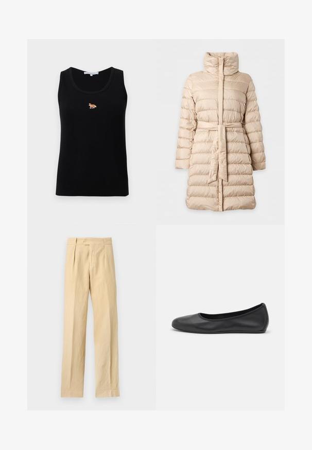 Abrigo de invierno acolchado beige hasta las rodillas con cuello alto, costuras horizontales, mangas largas y cinturón de tela a juego en la cintura.; Camiseta sin mangas de canalé negra con un pequeño logotipo bordado de un zorro naranja centrado en el pecho.; Pantalones beige de pernera recta con cierre de botón y cremallera, pliegues delanteros y bolsillos laterales sobre fondo liso.; Bailarina de piel negra con punta redondeada, textura suave, detalle de costura minimalista y diseño de suela flexible.