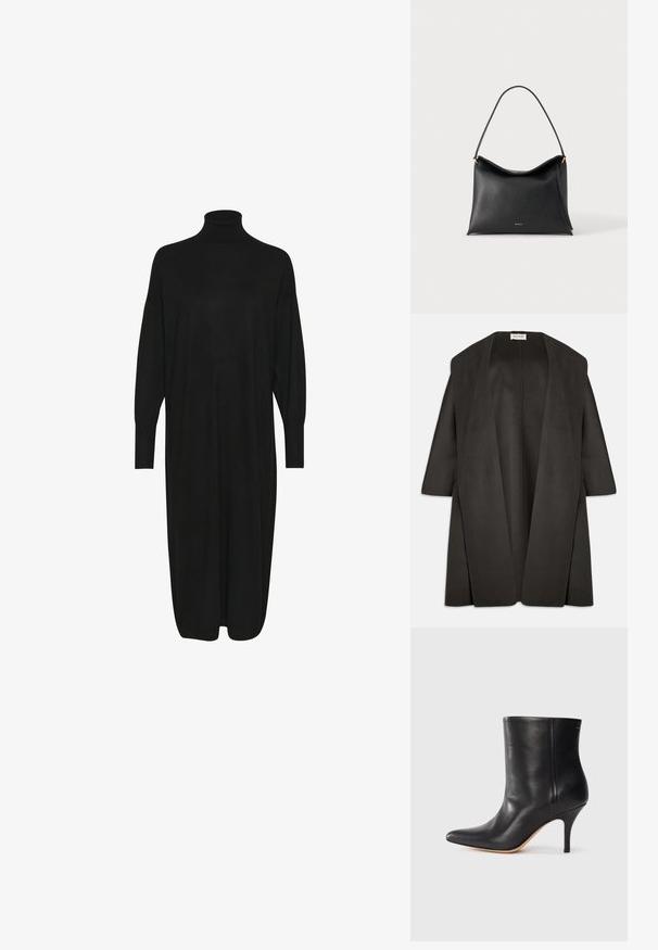 Mørkegrå oversized frakke lavet af blødt stof. Bred åben front uden lukninger, trekvartærmer og et minimalistisk design.; Sort strikket kjole med høj mock neck, lange ærmer og en afslappet pasform. Glat tekstur med længde til midt på læggen og ingen synlige mønstre eller detaljer.; Sort læder ankelstøvle med spids tå, slank stiletthæl og glat tekstur. Minimalistisk design uden synligt hardware eller accenter.; Sort læderhåndtaske med en enkelt strop og lille guld mærkelogo på en ensartet lys baggrund.