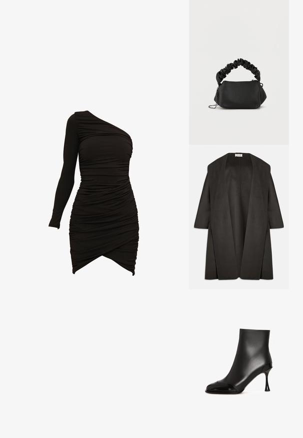 Dunkelgrauer, übergroßer Mantel aus weichem Stoff. Weit offene Vorderseite ohne Verschlüsse, drei Viertelärmel und ein minimalistisches Design.; Schwarzes One-Shoulder-Kleid aus dehnbarem Material mit gerafften Details und asymmetrischem Saum für eine figurbetonte Silhouette.; Schwarze Knöchelstiefel aus glattem Leder mit glänzender Zehenkappe, einem verjüngten Absatz und einem eleganten, figurnahen Design.; Schwarze Handtasche mit runder Form, aus glattem Material gefertigt. Verfügt über einen weichen, gerafften Griff und einen Metallkettengurt für Vielseitigkeit.
