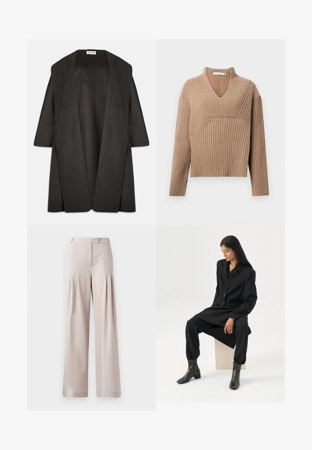 Donkergrijze oversized jas van zachte stof. Wijde open voorkant zonder sluitingen, driekwartmouwen en een minimalistisch ontwerp.; Beige geribbelde gebreide trui met een diepe V-hals, lange mouwen en een gestructureerd paneel op de borst. Korte lengte met een relaxte pasvorm.; Beige wijde broek met een zachte textuur, geplooide voorkant en een op maat gemaakte tailleband. Geschikt voor formele of casual gelegenheid.; Vrouw met lang donker haar zittend, draag een losse zwarte blazer, bijpassende wijde broek en donkere enkellaarsjes tegen een effen witte achtergrond.