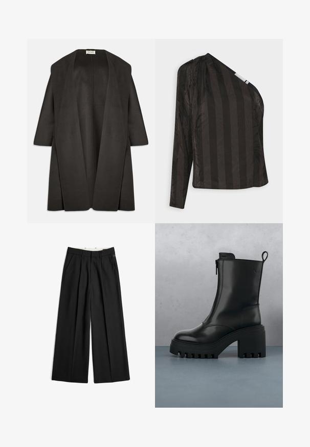 Donkergrijze oversized jas van zachte stof. Wijde open voorkant zonder sluitingen, driekwartmouwen en een minimalistisch ontwerp.; La Strada Unica SATINA ONE SHOULDER - Blouse - black; Zwarte wijde broek met voorplooien, zijzakken, riemlussen en een ritssluiting.; Zwarte leren enkelboot met stevige zool, blokhak, rits aan de zijkant en een trekloop achterop op een effen witte achtergrond.