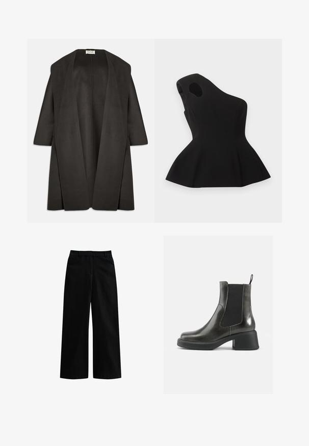 Manteau oversize gris foncé en tissu doux. Devant largement ouvert sans fermetures, manches trois-quarts et design minimaliste.; Haut noir asymétrique sans manches avec une découpe près de l'épaule et un ourlet évasé en bas de style péplum, posé à plat sur un fond clair.; Pantalons larges noirs en tissu lisse. Comprend une taille, des passants de ceinture et sans embellissements ni motifs visibles.; Bottines noires en cuir avec une finition lisse, des panneaux latéraux élastiques et un talon épais. Dispose d'une languette pour un enfilage plus facile.