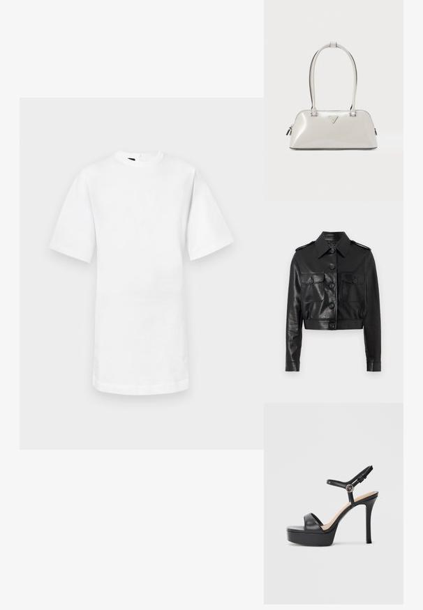 Sort cropped læderjakke med spidse krave, front lukning med knapper, to brystlommer og manchetter med knapper. Dæmpet, struktureret overflade.; Hvid bomulds T-shirt med korte ærmer, rund halsudskæring og lige kant. Glat tekstur uden synlige mønstre eller accenter.; Sorte platformsandaler med høj stiletthæl, der har en glat læderoverdel, peep toe-design og en justerbar ankelrem med metalbeslag.; Skinnende lysegrå håndtaske med rund form, dobbelthåndtag og et trekantet logo. Har lynlåslukning og metalaccenter.