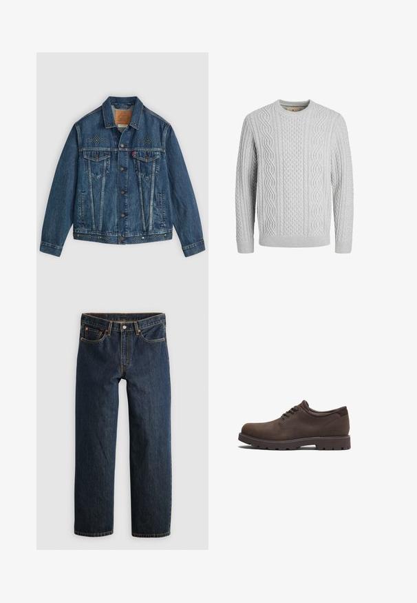Veste en denim bleu avec fermeture à boutons, deux poches poitrine et ornements cloutés sur les épaules et l'ourlet. Design classique.; Pull en maille torsadée gris clair avec de longues manches et des bords côtelés au niveau des poignets et de l'ourlet, présentant un motif texturé de câbles entrelacés.; Jean en denim bleu foncé avec une coupe droite. Comprend cinq poches, des surpiqûres contrastantes et une fermeture à bouton à la taille.; Chaussures en cuir marron avec un bout arrondi et un design à lacets. Dotées d'une surface texturée et d'une semelle en caoutchouc à haute traction. Logo discret sur le côté.