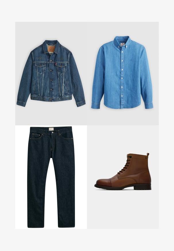 Blå denimjakke med knaplukning, to brystlommer og nitter på skuldrene og kanten. Klassisk design.; Lyseblå denimskjorte med lange ærmer, knap-ned krave og hvide knapper. Har et lille broderet logo på brystet.; Mørkeblå denim jeans med lige ben, fem lomme styling og kontrastsyet på sømmene. Glat stoftekstur.; Jack & Jones JFWSHAUN BOOT - Snørestøvletter - cognac