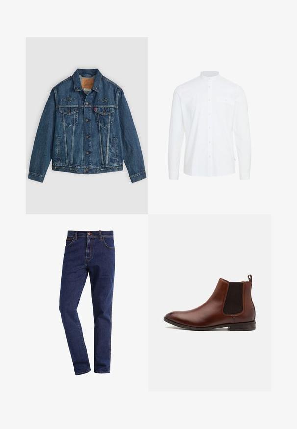 Blaue Jeansjacke mit Knopfverschluß, zwei Brusttaschen und Nietenverzierungen an den Schultern und am Saum. Klassisches Design.; Weißes Langarmhemd mit Stehkragen, vorderer Knopfleiste und einer Brusttasche. Hergestellt aus glattem Stoff mit einer klaren Textur.; Dunkelblaue gerade geschnittene Denim-Jeans mit Vordertaschen, Knopfverschluss, Gürtelschlaufen und sichtbaren Nähten.; ALDO FRIELIA - Stiefelette - cognac