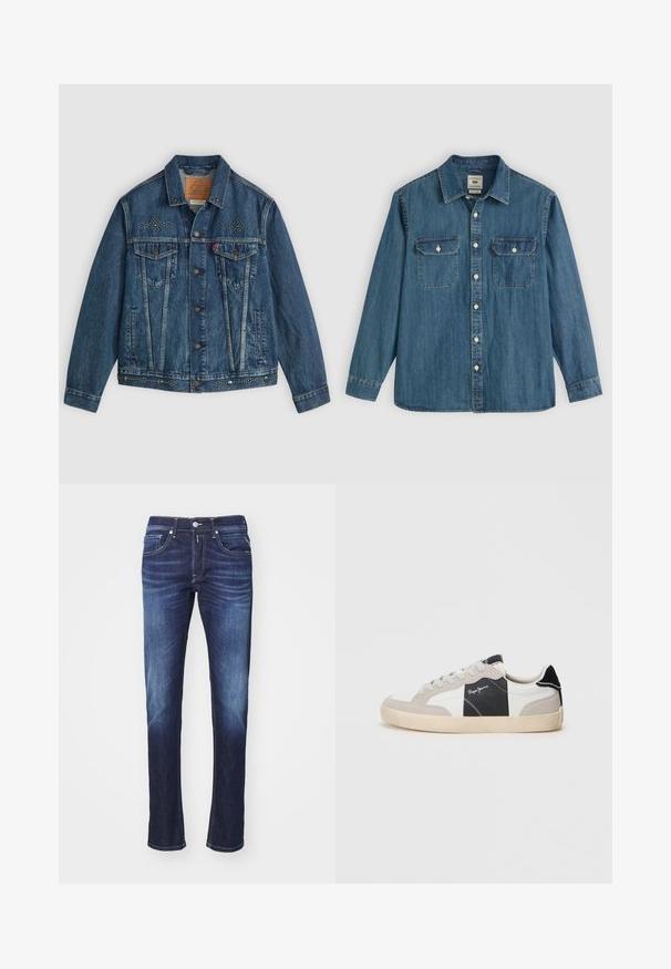 Blauwe spijkerjas met een knoopsluiting, twee borstzakken en studs op de schouders en de zoom. Klassiek ontwerp.; Blauw denim overhemd met lange mouwen, knoopsluiting aan de voorkant, twee borstzakken en een kraag. Voorzien van stikdetails en een comfortabele, losse pasvorm.; Donkerblauwe denim jeans met een rechte pijp, voorzien van vijf zakken, een knopenrits en subtiele vervaging langs de dijen.; Witte en grijze low-top sneakers van suede en leer. Bevat een zwart accent, witte stiksels en een rubberen zool.