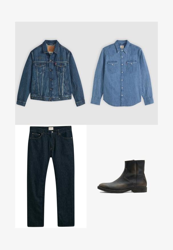 Blaue Jeansjacke mit Knopfverschluß, zwei Brusttaschen und Nietenverzierungen an den Schultern und am Saum. Klassisches Design.; Langärmliges blaues Jeanshemd mit spitzem Kragen, geknöpfter Vorderseite und zwei Brusttaschen mit Knopfklappen vor einfarbigem Hintergrund.; Dunkelblaue Denims mit geradem Bein, fünf Taschen-Stil und Kontrastnähten an den Nähten. Glatte Stofftextur.; AllSaints LANG - Stiefelette - brown