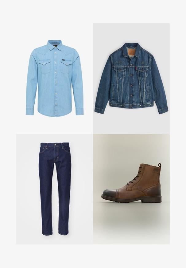 Blaue Jeansjacke mit Knopfverschluß, zwei Brusttaschen und Nietenverzierungen an den Schultern und am Saum. Klassisches Design.; Hellblaue Jeans-Hemd mit langen Ärmeln, Knopfleiste, zwei knopfbaren Brusttaschen, spitzem Kragen und kleinem Lee-Logo auf der linken Tasche.; Marineblaue Denim-Jeans mit geradem Schnitt, fünf Taschen, kontrastierendem orangenem Nahtdesign und einem silbernen Knopfverschluss an der Taille.; Brauner Leder-Schnürstiefel bis zum Knöchel mit schwarzer Zehenkappe, runder Sohle und Markenlabel an der Seite vor schlichtem Hintergrund.