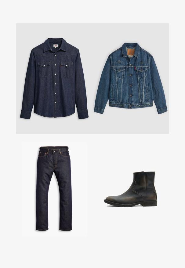Blå denimjakke med knaplukning, to brystlommer og nitter på skuldrene og kanten. Klassisk design.; Mørkeblå denimskjorte med spids krave, trykknapper og brystlommer. Har syningsdetaljer og lange ærmer.; Mørkeblå lige ben denim jeans med fem lommer og orange kontrastsyning, lagt fladt ud mod hvid baggrund.; AllSaints LANG - Støvletter - brown