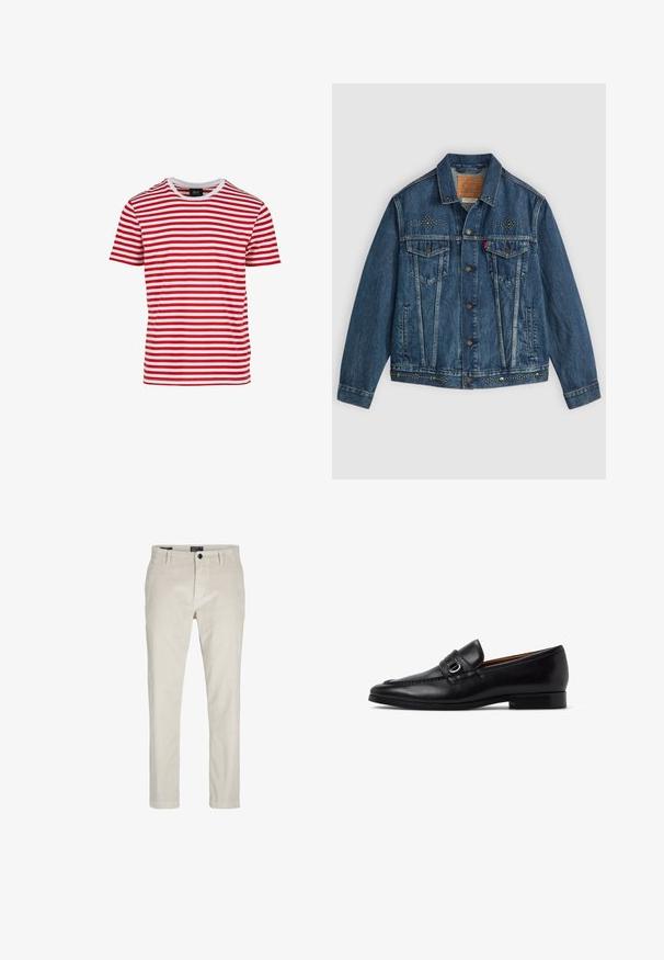 Blå denimjakke med knaplukning, to brystlommer og nitter på skuldrene og kanten. Klassisk design.; Rød- og hvidstribet kortærmet t-shirt med rund hals, lavet af stof med en glat tekstur. Har jævne vandrette striber.; Beige kordfløjspants med lige ben-design, der har en knaplukning og subtile lodrette ribber for tekstur.; Sort herresko i læder med sølvspænde og lav hæl, vist i sideprofil mod en hvid baggrund.