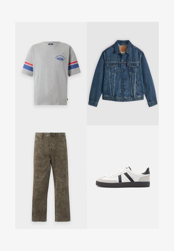 Blå denimjakke med knaplukning, to brystlommer og nitter på skuldrene og kanten. Klassisk design.; Grå bomulds t-shirt med korte ærmer, prydet med blå og røde striber på ærmerne og "Ford Motor Co" logo i blå på brystet.; Olivengrønne denim jeans med et falmet, struktureret udseende. Lige ben-design med frontlommer og metalknaplukning.; Hvide sneakers med sorte og grå detaljer, med en tekstureret grå tåhætte, sort gummisål og flade hvide snørebånd. Rent design, minimalistisk stil.