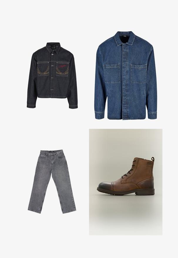 Mørkeblå denimjakke med to brystlommer, knaplukning, kontrasterende gule syninger og rødt broderet logo på venstre lomme.; Denimskjorte med klassisk krave, frontplade og to brystlommer. Farven er dyb blå med lysere syninger og en tekstureret overflade.; High-waist lige ben grå jeans med forlommer, bæltestropper, knaplukning og synlige syninger på hvid baggrund.; Brun læderstøvle med snørebånd, sort tåhætte, rund sål og mærket detalje på siden mod ensfarvet baggrund.