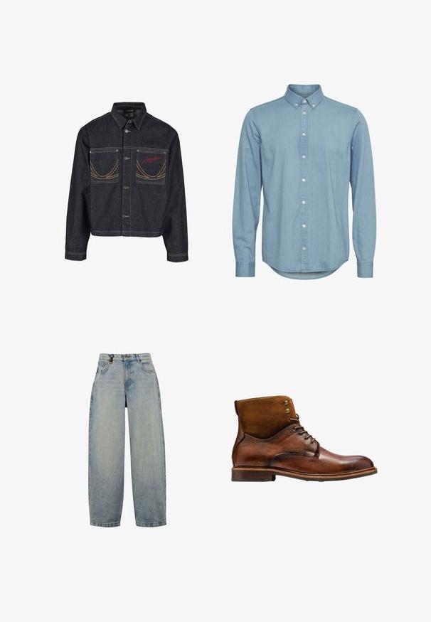 Veste en denim bleu foncé avec deux poches poitrine, fermeture à boutons, surpiqûres jaunes contrastantes et logo brodé rouge sur la poche gauche.; Chemise en denim bleu clair avec un col rabattable, des manches longues et un ourlet arrondi. Présente une patte de boutonnage à l'avant avec des boutons blancs.; Jean en denim bleu clair avec une coupe décontractée, dotée d'une taille haute, de jambes larges, d'un design classique à cinq poches et d'accents matériels en métal.; Kazar ALID - Bottines à lacets - brown