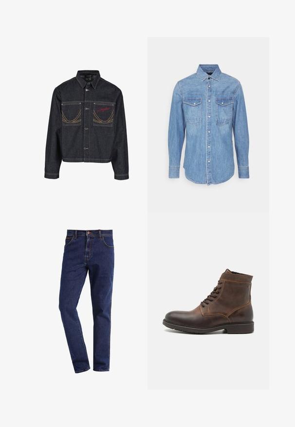 Donkerblauwe spijkerjack met twee borstzakken, knoopsluiting, contrasterend gele stiksels en een rood geborduurd logo op de linkerborstzak.; Lichte blauwe denimshirt met lange mouwen, kraag, twee borstzakken en knopenlijst. Heeft een gebogen zoom en contrasterende stiksel.; Donkerblauwe rechte denimjeans met voorzakken, knoopsluiting, riemlussen en zichtbare stiksels.; Jack & Jones JFWDELANEY BOOT - Veterboots - cognac
