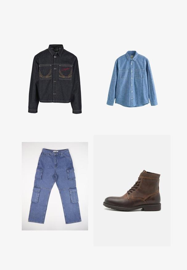 Donkerblauwe spijkerjack met twee borstzakken, knoopsluiting, contrasterend gele stiksels en een rood geborduurd logo op de linkerborstzak.; Blauw chambray overhemd met lange mouwen, knoopsluiting aan de voorkant en twee borstzakken, plat gelegd op een witte achtergrond.; Blauwe denim cargobroek met meerdere zijzakken, een rechte pasvorm en een klassieke tailleband. De stof heeft een lichte textuur en vervaging.; Jack & Jones JFWDELANEY BOOT - Veterboots - cognac