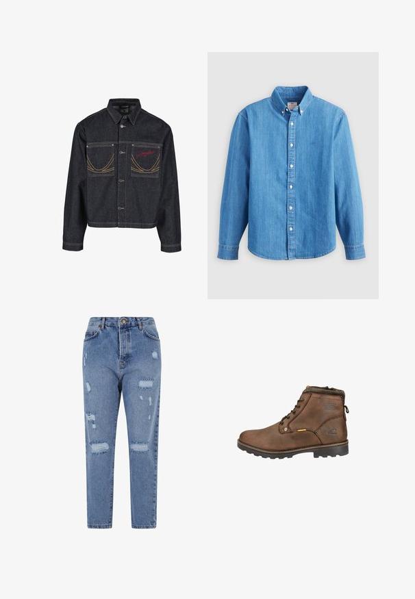 Dunkelblaue Jeansjacke mit zwei Brusttaschen, Knopfverschluss, kontrastierender gelber Naht und rotem gesticktem Logo auf der linken Tasche.; Hellblaues Jeanshemd mit langen Ärmeln, button-down Kragen und weißen Knöpfen. Verfügt über ein kleines besticktes Logo auf der Brust.; Hellblaue Denim-Jeans mit hoher Taille, geradem Bein und einem verwaschenen Design, das Risse und fransige Kanten aufweist.; Braune Leder-Ankle-Boots mit runder Zehenpartie, Schnürdesign, gepolstertem Kragen und strukturiertem Gummisohle. Mit Logo und Metallelementen ausgestattet.