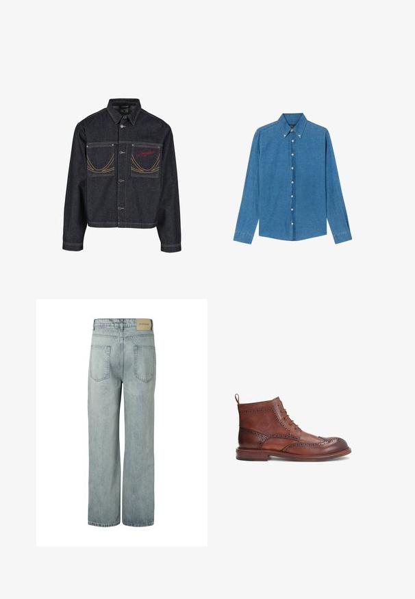 Dunkelblaue Jeansjacke mit zwei Brusttaschen, Knopfverschluss, kontrastierender gelber Naht und rotem gesticktem Logo auf der linken Tasche.; Blaue Denim-Hemd mit Button-down-Kragen, langen Ärmeln und Knöpfen vorne. Der Stoff hat eine strukturierte Oberfläche und einen klassischen Schnitt.; Hellblaue Jeans mit geradem Bein, zwei Gesäßtaschen und einem beigen Markenpatch am Bund.; Braune Lederstiefel mit dekorativen Broguedetails, runder Zehenform, Schnürdesign und niedrigem, gestapeltem Absatz. Enthält eine Zuglasche hinten.