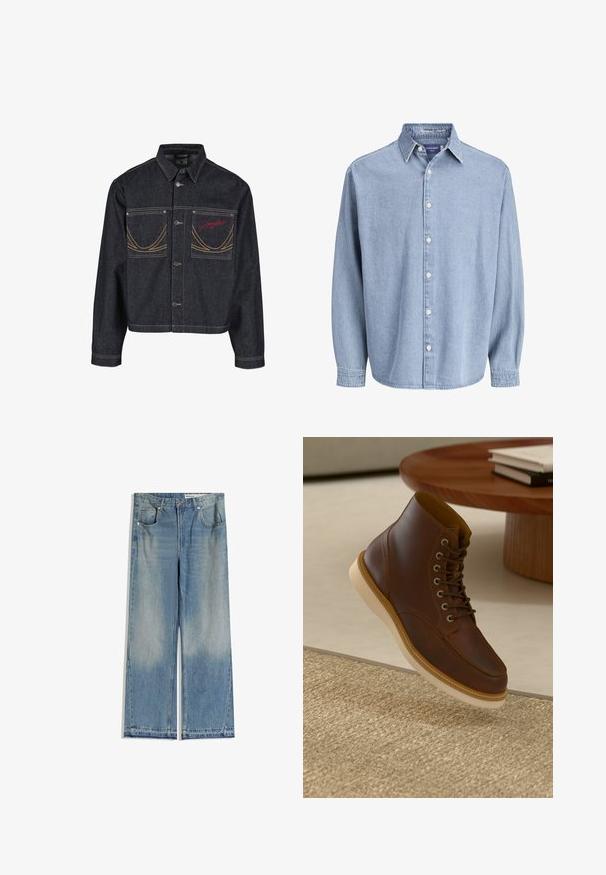 Veste en denim bleu foncé avec deux poches poitrine, fermeture à boutons, surpiqûres jaunes contrastantes et logo brodé rouge sur la poche gauche.; Chemise en denim bleu clair à manches longues avec col et boutons blancs, présentée sur un fond blanc uni.; Jean large en denim bleu clair avec un délavage, comportant deux poches avant, une fermeture par bouton et une coupe droite avec des ourlets nets.; Bottine en cuir marron avec semelle beige sur un tapis beige texturé à côté d'une table ronde en bois avec des livres empilés.