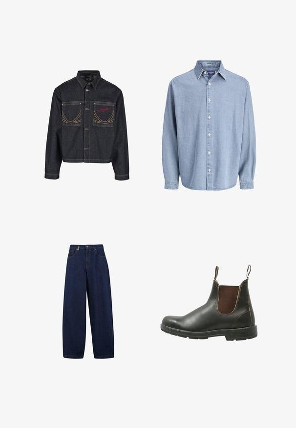 Dunkelblaue Jeansjacke mit zwei Brusttaschen, Knopfverschluss, kontrastierender gelber Naht und rotem gesticktem Logo auf der linken Tasche.; Himmelblaue Jeanshemd mit langen Ärmeln, Kragen und weißen Knöpfen, präsentiert vor einem schlichten weißen Hintergrund.; Lässige, dunkelblaue Denim-Jeans mit hoher Taille, Fronttaschen und geradem Bein. Enthält silberfarbene Hardware und minimalistische Nähte.; Chelsea-Boots aus glattem schwarzem Leder mit braunen elastischen Seitenteilen, kontrastierenden Nähten und einer strukturierten Gummisohle.