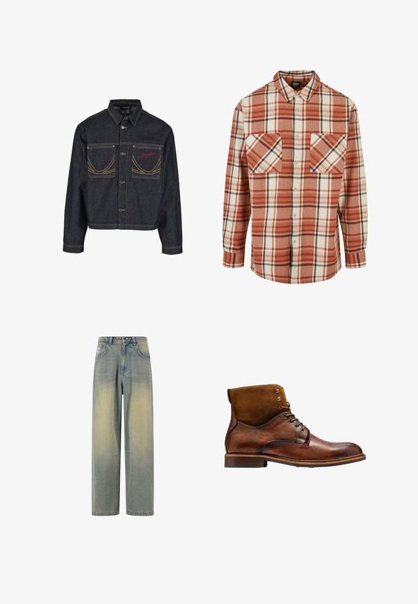 Donkerblauwe spijkerjack met twee borstzakken, knoopsluiting, contrasterend gele stiksels en een rood geborduurd logo op de linkerborstzak.; Geruite shirt in oranje en crème, met zwarte accenten. Gemaakt van gestructureerde stof met een kraag en twee borstzakken.; Lichtblauwe denim wijde spijkerbroek met een vervaagde gradient, voorzien van vijf zakken en een klassieke tailleband met riemlussen.; Kazar ALID - Veterboots - brown