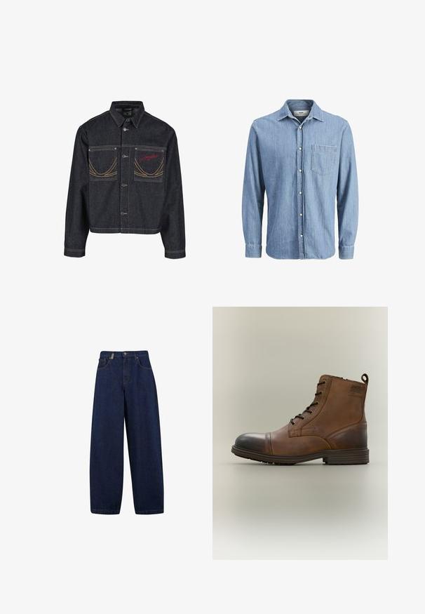 Mørkeblå denimjakke med to brystlommer, knaplukning, kontrasterende gule syninger og rødt broderet logo på venstre lomme.; Lysblå denimskjorte med knap-ned krave, lange ærmer, enkelt brystlomme og broderet logo på lommen.; Løse, mørkeblå denimjeans med høj talje, frontlommer og lige ben. Inkluderer sølvfarvet hardware og minimal syning.; Brun læderstøvle med snørebånd, sort tåhætte, rund sål og mærket detalje på siden mod ensfarvet baggrund.