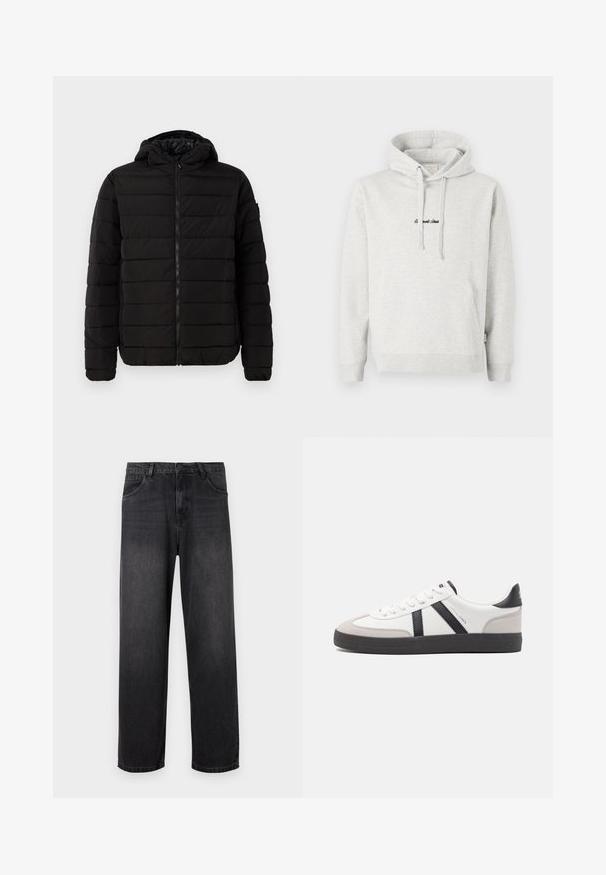 Schwarze Pufferjacke mit Kapuze, ausgestattet mit einem gesteppten Design, Reißverschluss und gerippten Bündchen. Glatte Oberfläche ohne sichtbare Logos oder Muster.; Hellgrauer Hoodie mit Kängurutasche, Kapuze mit Kordelzug und schwarzen gestickten Text auf der Vorderseite. Mischgewebe aus Baumwolle, gerippte Bündchen.; Dunkelgraue Denim-Jeans mit geradem Bein, ausgestattet mit einem Reißverschluss, fünf Taschen und subtilen Verblassungen auf dem Stoff.; Weiße Sneaker mit schwarz- und grau-aczenten, ausgestattet mit einer strukturierten grauen Zehenkappe, schwarzer Gummi-Sohle und flachen weißen Schnürsenkeln. Sauberes Design, minimalistische Stil.