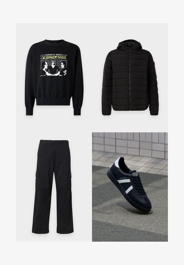 Schwarze Pufferjacke mit Kapuze, ausgestattet mit einem gesteppten Design, Reißverschluss und gerippten Bündchen. Glatte Oberfläche ohne sichtbare Logos oder Muster.; Schwarzer Pullover mit langen Ärmeln und gerippten Bündchen. Die Grafik auf der Vorderseite zeigt drei Figuren in einem Retro-Design mit gelben und weißen Textelementen.; Schwarze Cargo-Hosen aus Baumwollmischung, mit lockerer Passform, zwei seitlichen Taschen und Knopfverschluss. Glatte Textur mit minimalen Verzierungen.; Schwarze Leder-Sneaker mit weißen Streifen, strukturiertem Gummisohle und Schnürung. Verfügt über ein Markenetikett auf der Zunge.