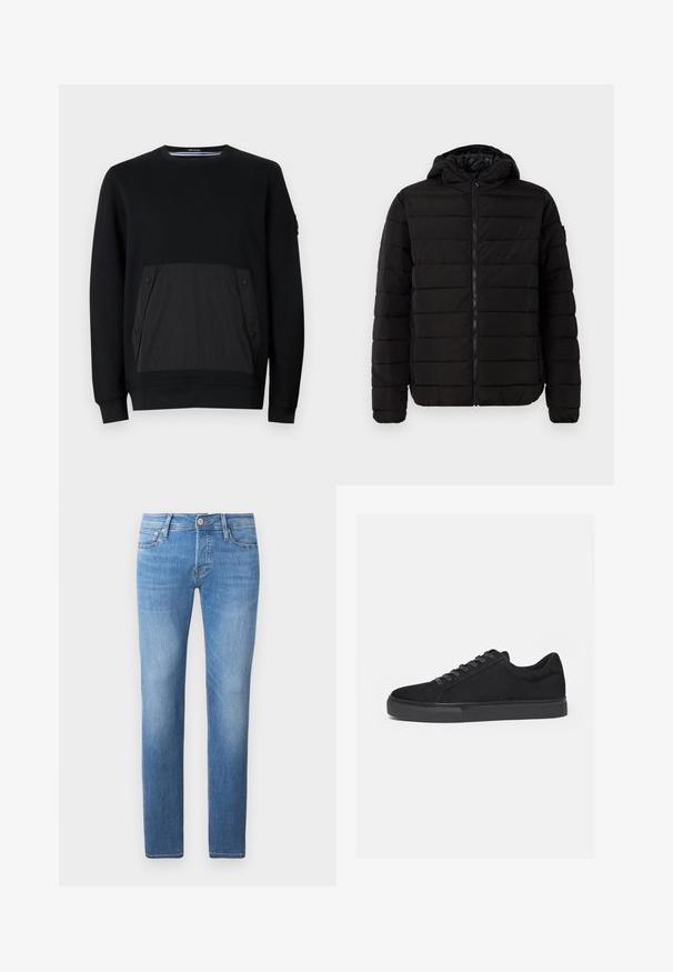 Doudoune noire avec capuche, présentant un design matelassé, une fermeture éclair et des poignets côtelés. Fini lisse sans logos ou motifs visibles.; Sweatshirt noir avec une poche texturée noire à fermetures à pression, col rond et manches longues. Tissu lisse avec un subtil éclat.; Jeans en denim bleu clair avec une coupe droite, dotés d'une fermeture à bouton et à glissière, de cinq poches et d'un léger délavage.; Baskets basses noires avec fermeture à lacets à l'avant et semelle en caoutchouc plate, vues de profil sur fond blanc.