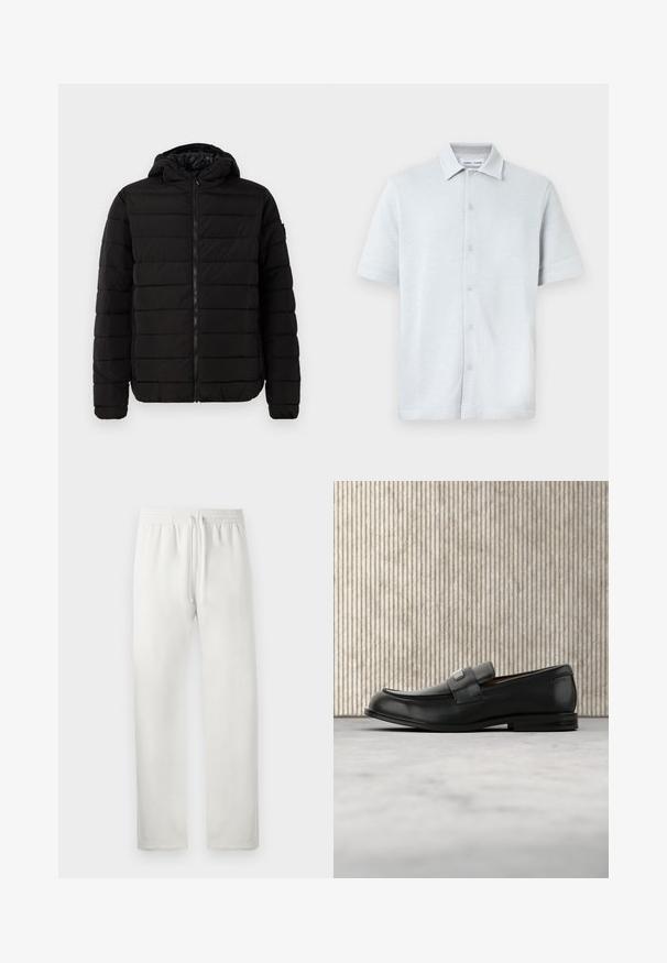 Doudoune noire avec capuche, présentant un design matelassé, une fermeture éclair et des poignets côtelés. Fini lisse sans logos ou motifs visibles.; Chemise à manches courtes avec col, en tissu bleu clair texturé avec un motif en losanges, dotée d'une fermeture boutonnée à l'avant et d'un ourlet droit.; Pantalons de sport blancs en tissu doux, dotés d'une taille élastique avec cordon de serrage, de jambes droites et sans motifs ni accents visibles.; Mocassin en cuir noir avec une plaque de marque en métal reposant près d'une table ronde marron sur un sol recouvert de moquette beige.