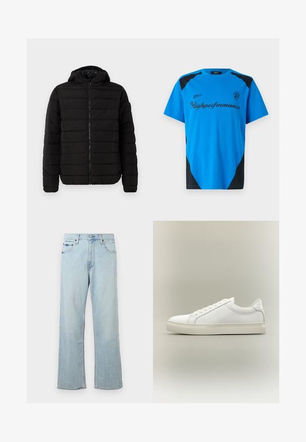 Chaqueta de plumas negra con capucha, que presenta un diseño acolchado, cierre de cremallera y puños de canalé. Acabado suave sin logotipos ni patrones visibles.; Replay SHORT SLEEVE GRAPHIC - Camiseta estampada - azzurro; Vaqueros de mezclilla azul claro con un diseño holgado y de pierna ancha. Cuenta con cinco bolsillos, presillas para cinturón y un cierre de cremallera con botón.; Zapatilla blanca de perfil bajo con cordones en la parte delantera y suela gruesa, mostrada de lado sobre un fondo neutro.