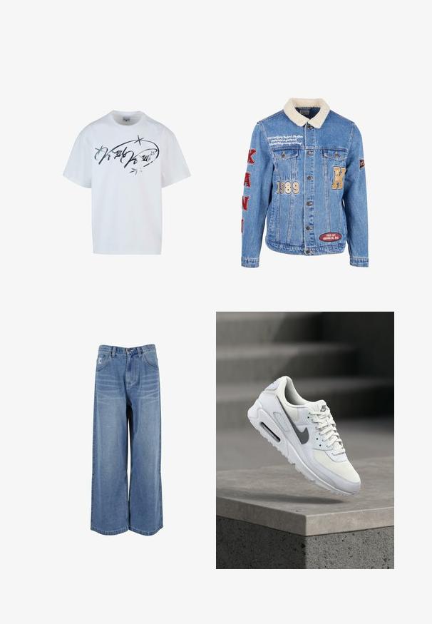 Heled sinine denim jope, millel on kreemjas sherpa krae. Omab tikitud teksti, numbritega plaastrite ja retro stiilis aktsente.; Valge puuvillane T-särk, millel on hõbedane kirjatükk koos tähtedega. Loodud mugavaks lõtvaks istuvuseks, lühikeste varrukatega ja ümmarguse kaeluse kujundusega.; Laiad sinised denim püksid kõrge vöökohaga, ees taskud ja õmblusdetailid jalgadel. Struktuurne, kulunud viimistlus ja mugav lõige.; Valge Nike Air Max toss halli Swooshiga hõljumas betoonpiirde kohal, näidates külg- ja esikülje detaile.