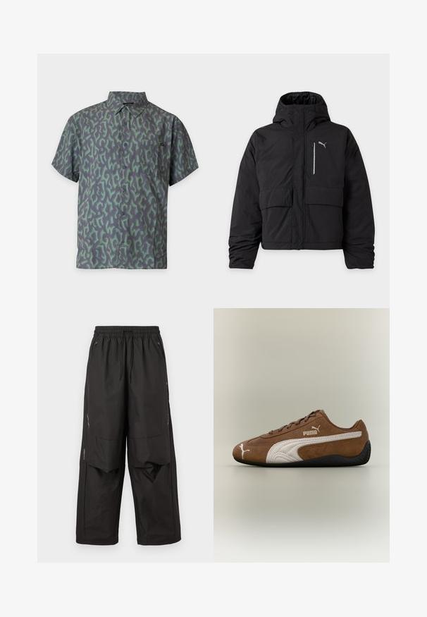 Veste d'hiver noire à capuche avec fermeture éclair frontale, deux poches avant, poche poitrine zippée et petit logo Puma sur la poitrine.; Chemise à manches courtes boutonnée avec un motif camouflage abstrait vert et gris foncé et une poche poitrine.; Pantalon ample noir avec taille élastique, poches zippées à l'avant, panneaux aux genoux et détails réfléchissants subtils sur les côtés.; Baskets en daim marron avec des accents blancs et un design texturé. Elles disposent d'une semelle en caoutchouc noire et d'un logo Puma proéminent sur le côté.