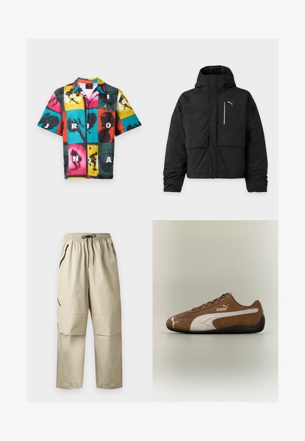 Veste d'hiver noire à capuche avec fermeture éclair frontale, deux poches avant, poche poitrine zippée et petit logo Puma sur la poitrine.; Chemise à manches courtes boutonnée avec un motif quadrillé coloré comprenant des silhouettes de basketball noires et des lettres blanches formant le mot « JORDAN ».; Pantalon léger beige avec taille élastique, cordon de serrage noir et poches latérales zippées, présenté de face sur un fond uni.; Baskets en daim marron avec des accents blancs et un design texturé. Elles disposent d'une semelle en caoutchouc noire et d'un logo Puma proéminent sur le côté.