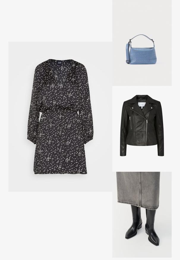 Schwarze Motorrad-Lederjacke mit Reverskragen, Reißverschluss vorne und drei Reißverschlusstaschen. Glatte Textur, taillierte Form und minimale Hardware-Akzente.; GAP WRAP MINI DRESS - Freizeitkleid - black confetti; Schwarze Leder-Cowboystiefel mit spitzem Fuß und klobigem Absatz, die ein glattes Finish und ein elegantes Design aufweisen, kombiniert mit einem grauen Rock.; Hellblaue Handtasche mit Krokodilleder-Prägung, kurzem Griff und abnehmbarem Schulterriemen. Glatte Textur mit Reißverschlussverschluss.