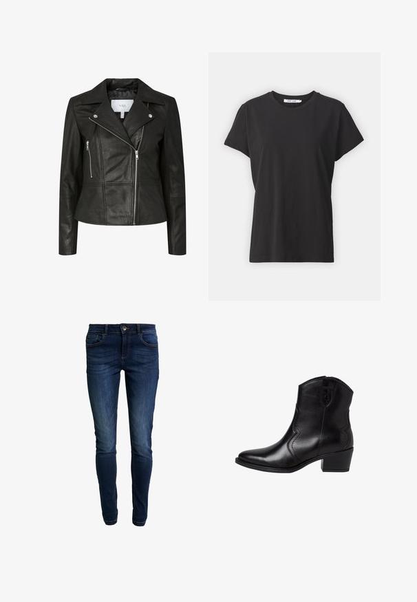 Schwarze Motorrad-Lederjacke mit Reverskragen, Reißverschluss vorne und drei Reißverschlusstaschen. Glatte Textur, taillierte Form und minimale Hardware-Akzente.; Schwarzes Baumwoll-T-Shirt mit klassischem Rundhalsausschnitt, kurzen Ärmeln und lockerer Passform. Glatte Textur, keine sichtbaren Muster oder Akzente.; Schlanke, dunkelblaue Denim-Jeans mit leichtem Verblassen, fünf Taschen-Design und einem Knopf- und Reißverschluss. Mit kontrastierenden Nähte.; Schwarze Leder-Stiefeletten mit einer spitzen Zehenform, geschwungenen Seitennähten und einem niedrigen Blockabsatz. Verfügt über einen Reißverschluss und eine glatte Textur.