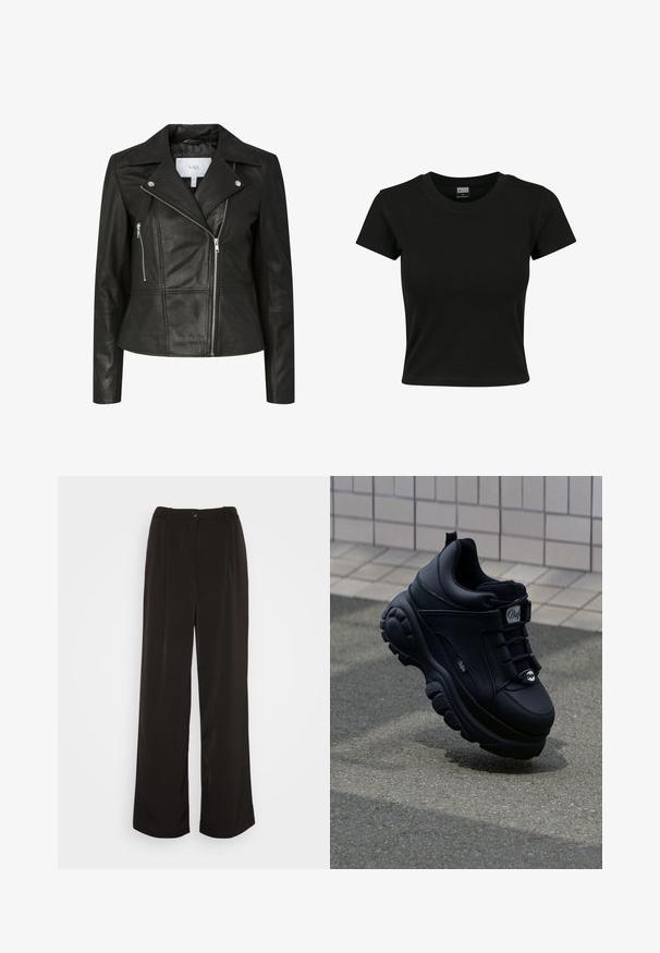 Zwarte leren motorjack met een gegroefd kraag, ritssluiting aan de voorkant en drie ritszakken. Soepele textuur, fitted vorm en minimale Hardware accenten.; Zwarte kortekorte mouw t-shirt van gladde katoenen stof, met een ronde halslijn en een getailleerde pasvorm. Geen zichtbare patronen of accenten.; Vero Moda Wide leg VMLUNADESI Mid waist - Broek - black; Zwarte chunky sneakers met een gladde leren afwerking, vetersluiting aan de voorkant, gevoerde zool en een reliëflogo op de zijkant. Gezichtsopvlakte zichtbaar.