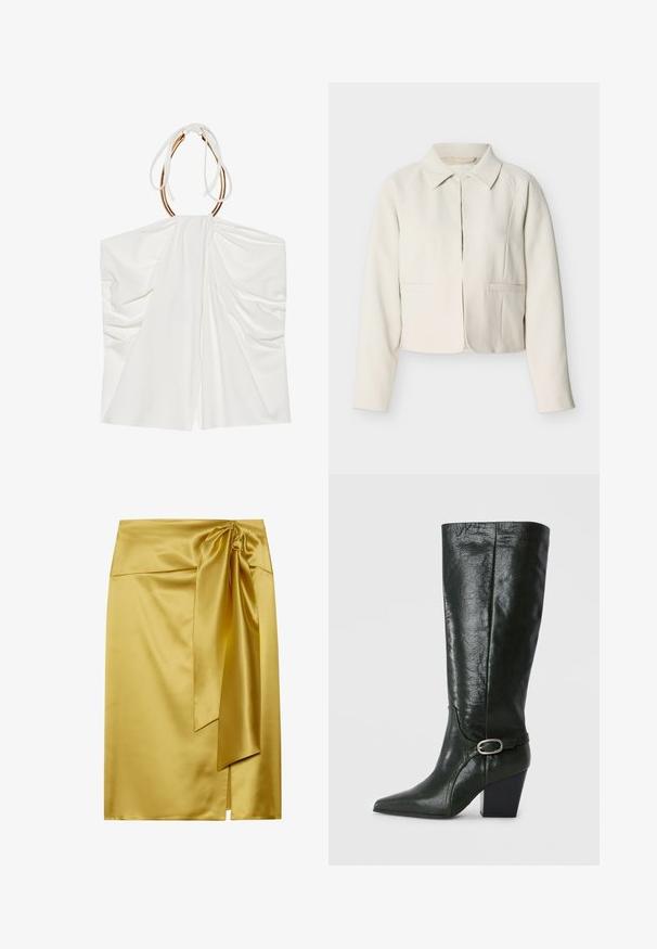 Off-white kurzer Blazer mit langen Ärmeln, einem klassischen Kragen und zwei vorderen Leistentaschen, präsentiert vor einem schlichten hellen Hintergrund.; Weißes ärmelloses Top mit drapiertem Stoff, einem gerafften Halterneck und goldfarbigen Hardwaredetails. Weiche Textur und leichtes, fließendes Design.; Gelber Satinrock mit seitlichem Knoten-Detail, geradem Schnitt und einem hohen Schlitz für einen fließenden Fall und eine glatte Textur.; Grüner Lederstiefel bis zum Knie mit spitzer Zehe, Blockabsatz und dekorativem Riemen mit silberner Schnalle. Glatte Textur mit Glanz.